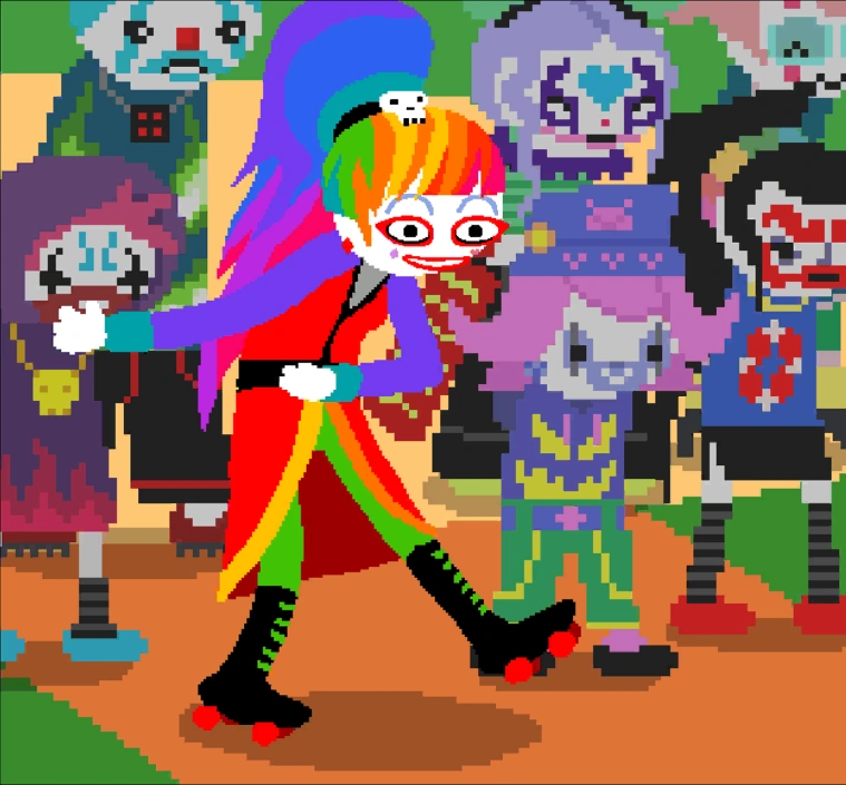 Pixel art scene featuring a rainbow-haired character